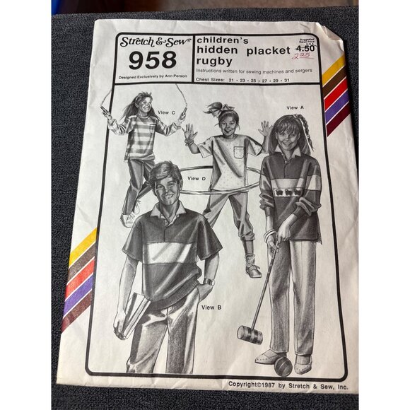 Stretch & Sew 958 Childrens Hidden Placket Rugby Sewing Pattern Chest Sizes 21-3 - Picture 5 of 5